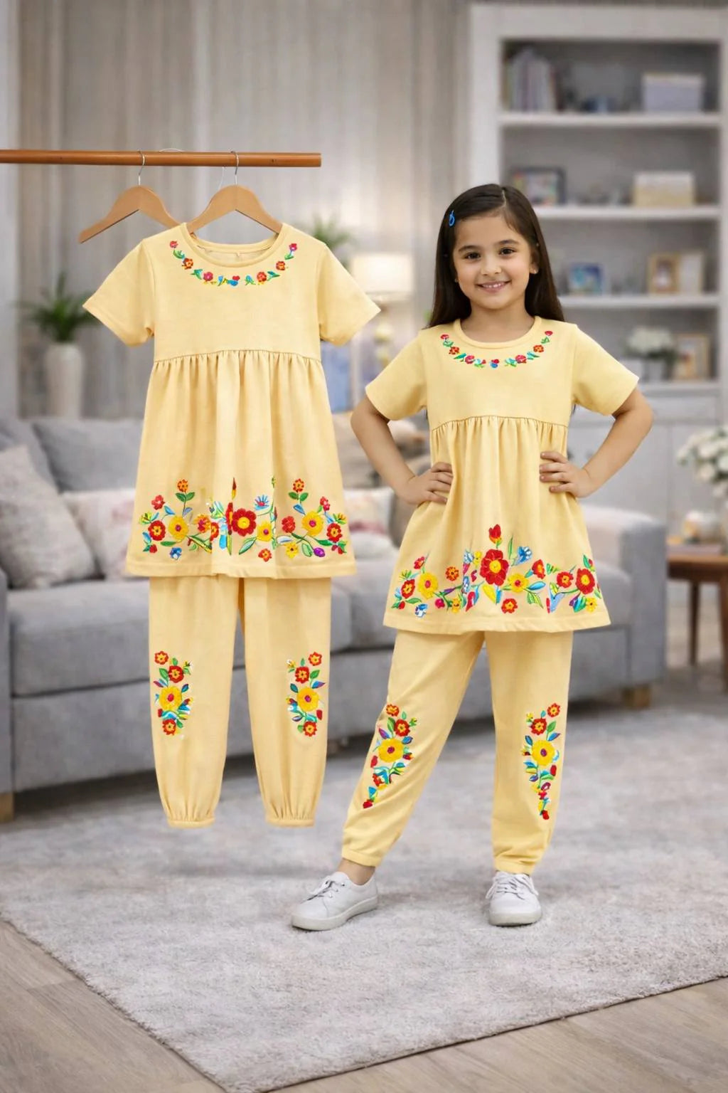 Girls Short Sleeve Tops & Long Pant Co-ord Set - Peach Yellow