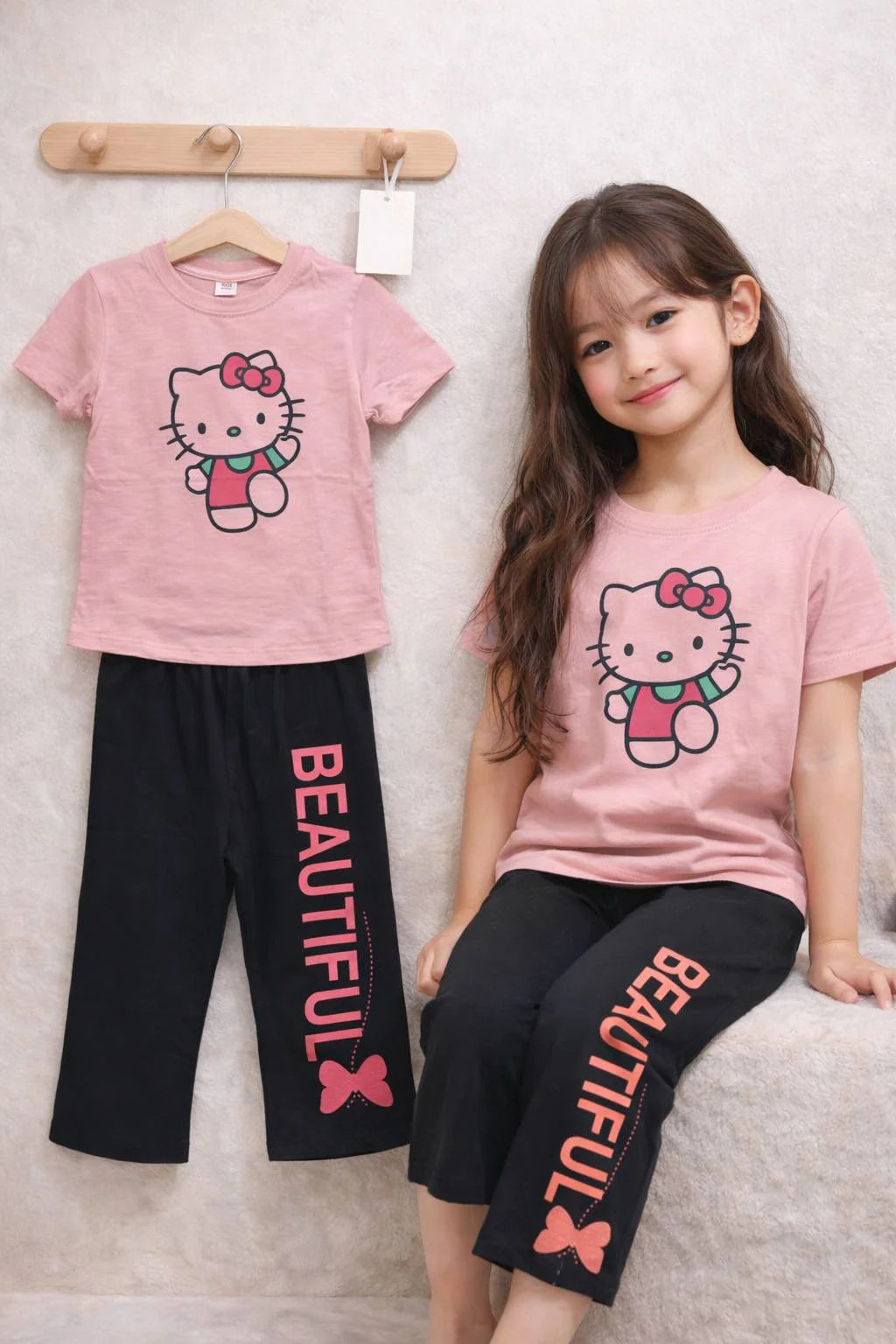 Girls Short Sleeve Tops & Long Pant Co-ord Set - Rose X Black