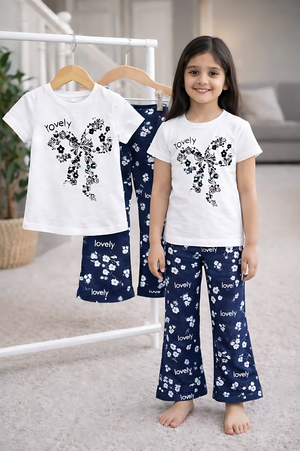 Girl's Short Sleeve Tops & Long Pant Co-ord Set - Blue X White