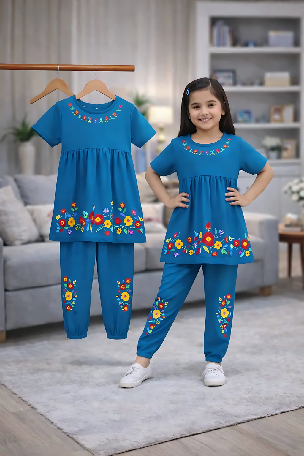 Girl's Short Sleeve Tops & Long Pant Co-ord Set - Teal Blue