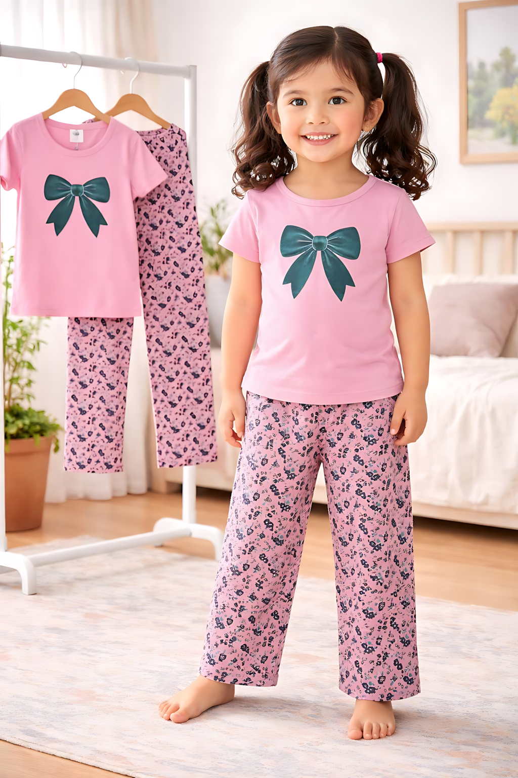 Girls Short Pink Sleeve Tops & Long Pant Co-ord Set