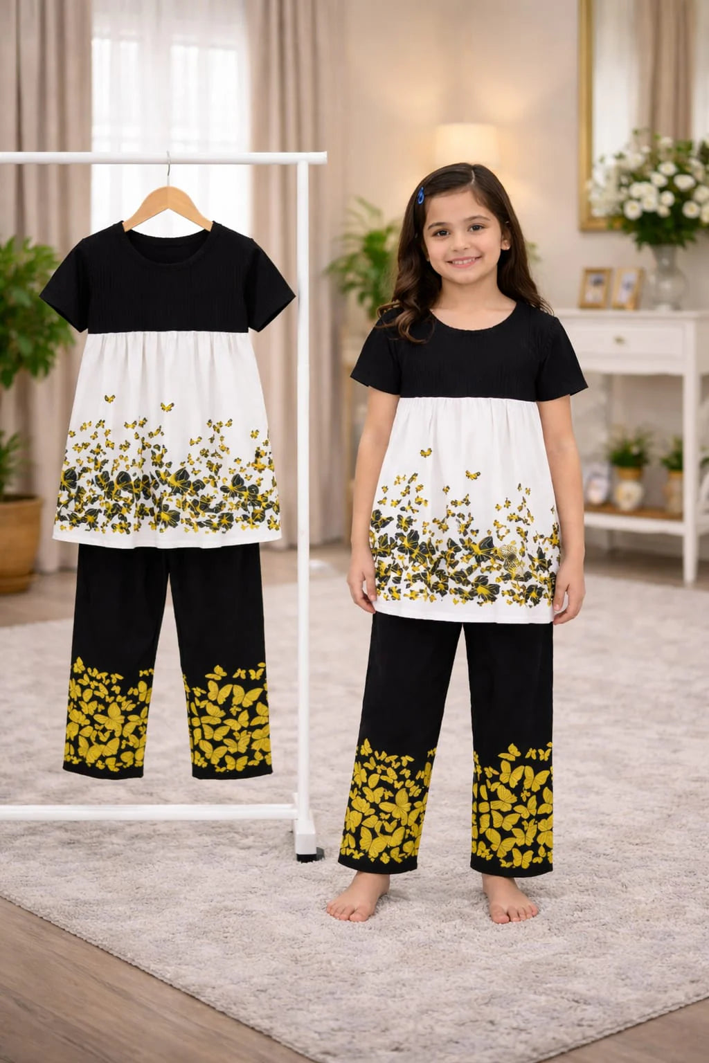 Girls Short Sleeve Tops & Long Pant Co-ord Set - Black X White