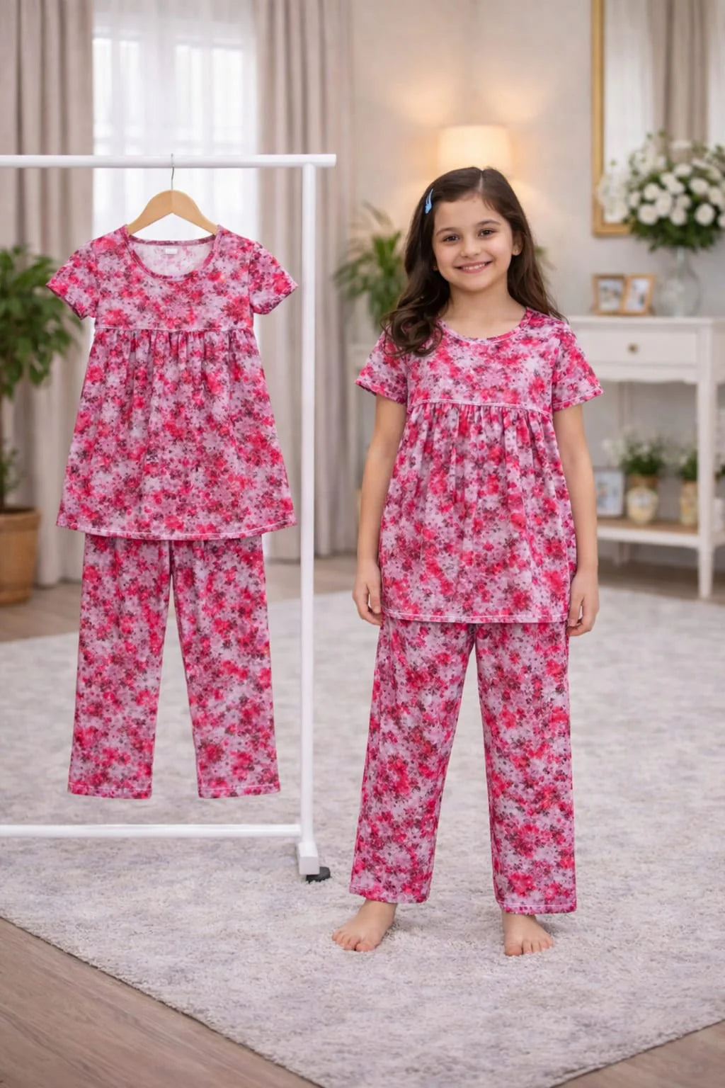 Girls Short Sleeve Tops & Long Pant Co-ord Set - Cranberry