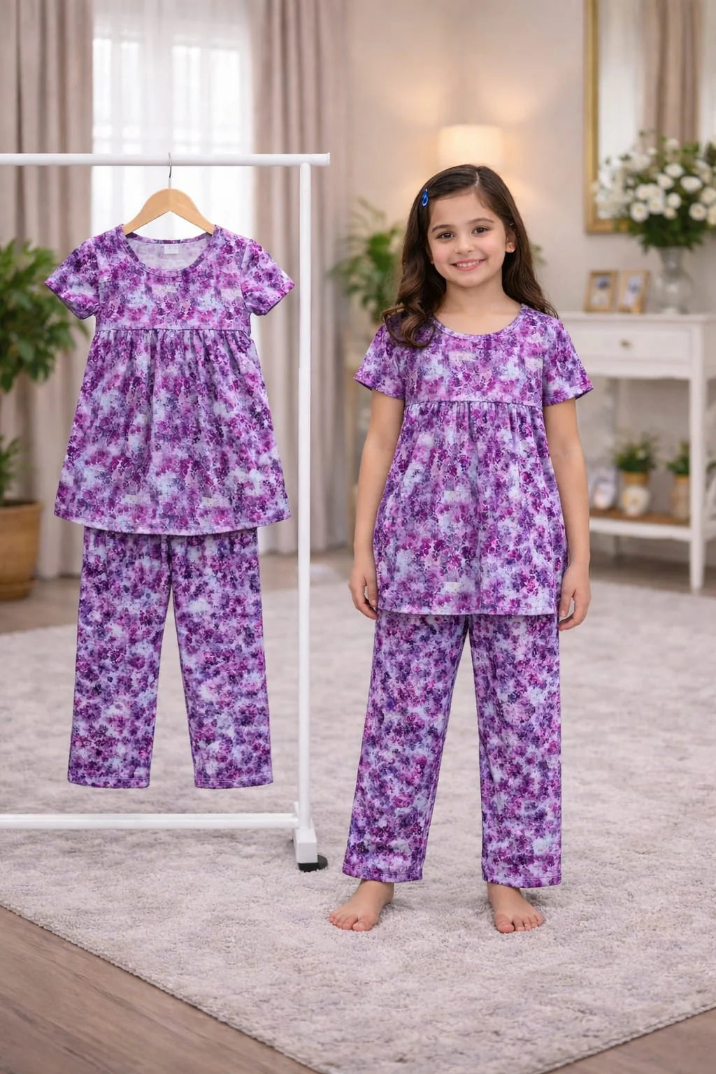 Girls Short Sleeve Tops & Long Pant Co-ord Set - Plum