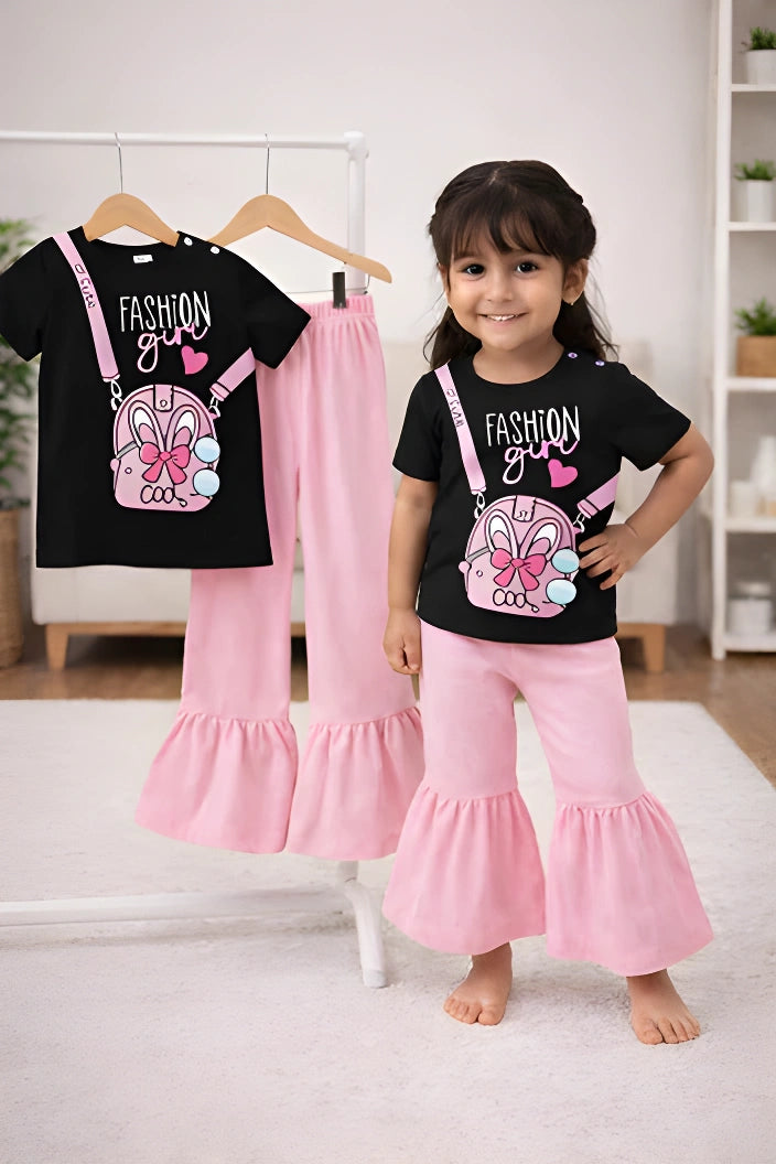 Girls Short Sleeve Tops & Long Pant Co-ord Set - Black X Pink